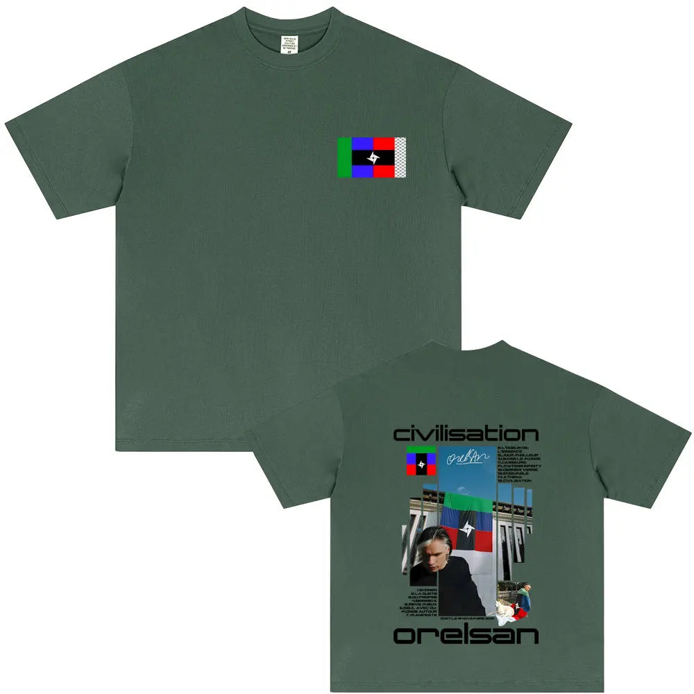 Olive green short-sleeved soft cotton t-shirt with colourful rapper orelsan civilisation album graphic print for hip hop fashion