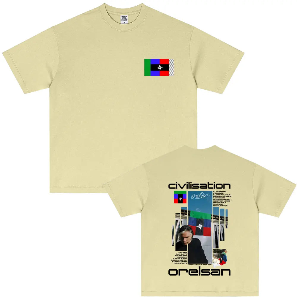 Beige short-sleeved cotton t-shirt with rapper orelsan civilisation album graphic print for hip hop fashion fans