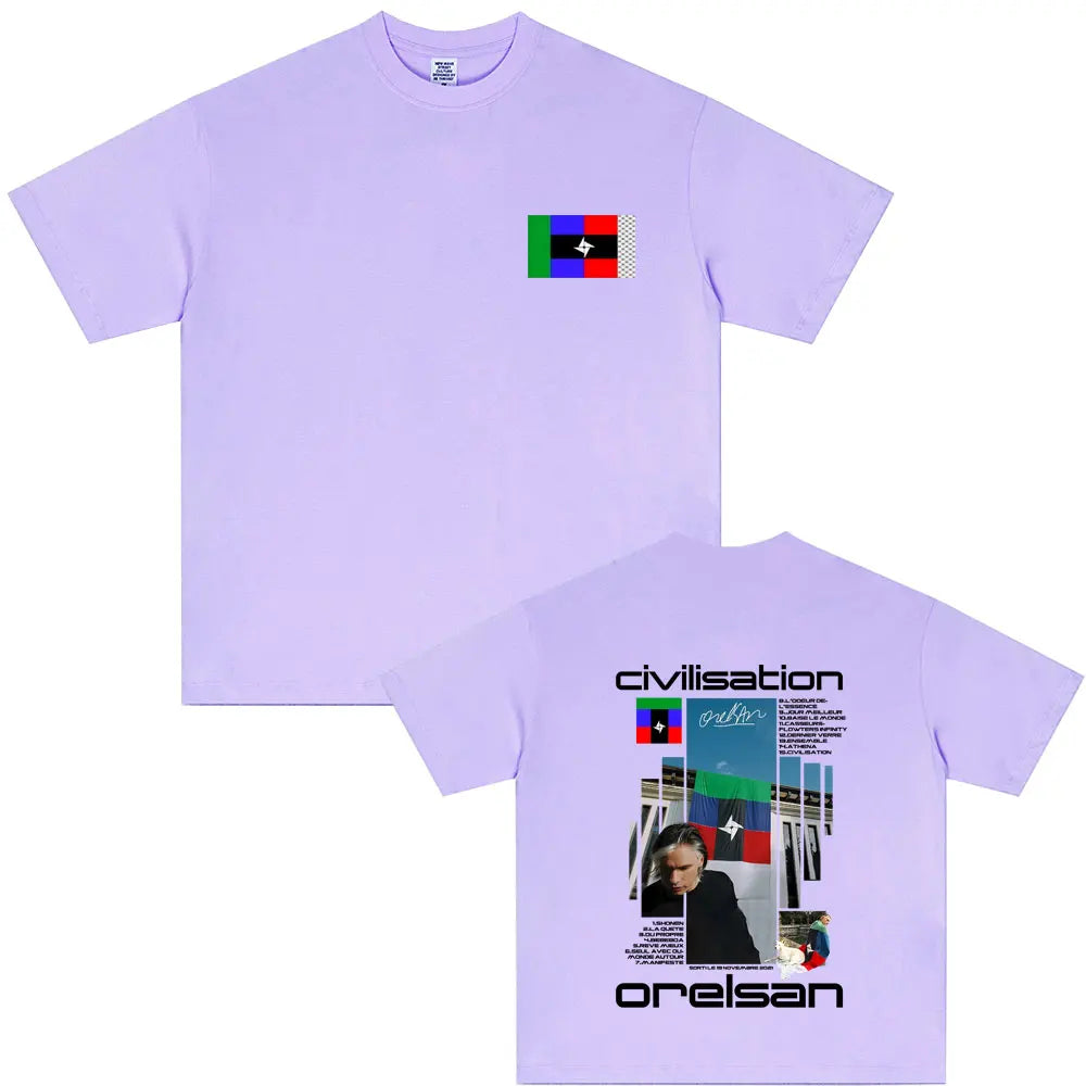 Lavender short-sleeved cotton t-shirt with colourful civilisation album graphic print for rapper orelsan hip hop fashion fans