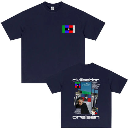 Navy blue short-sleeved cotton t-shirt with civilisation album graphic and colorful patch for hip hop fashion fans
