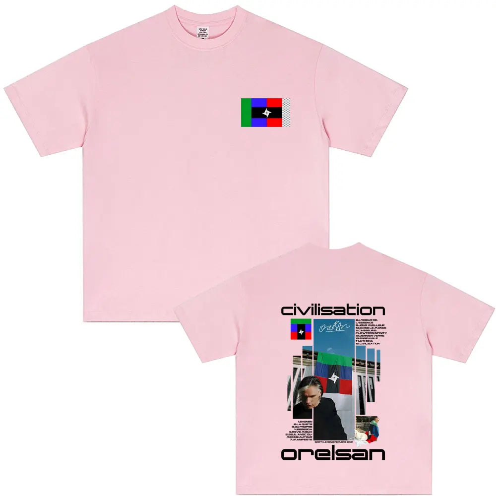 Pink short-sleeved cotton t-shirt with civilisation album graphic print by rapper orelsan for hip hop fashion fans
