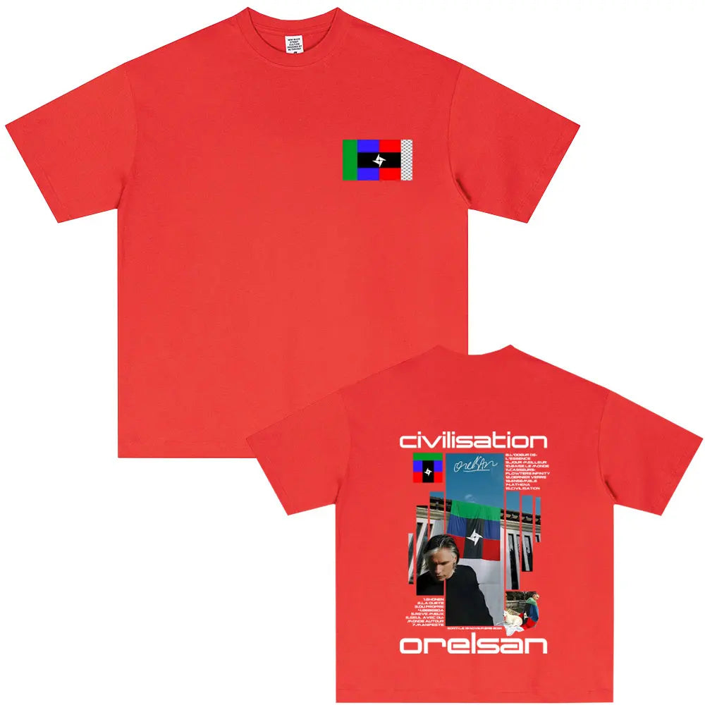 Red cotton unisex t-shirt with colourful civilisation album graphic and rapper orelsan text for hip hop fashion fans