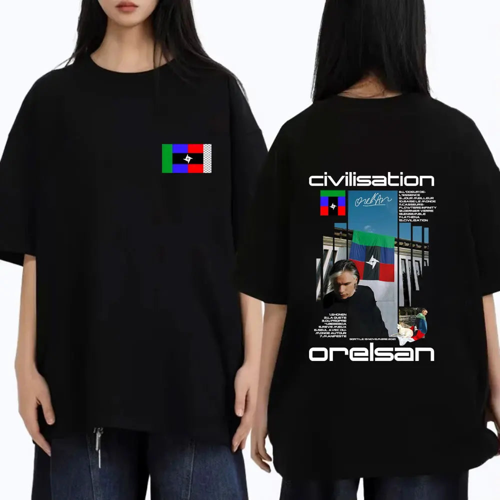 Black oversized cotton t-shirt featuring rapper orelsan civilisation album graphic with colorful geometric hip hop fashion design