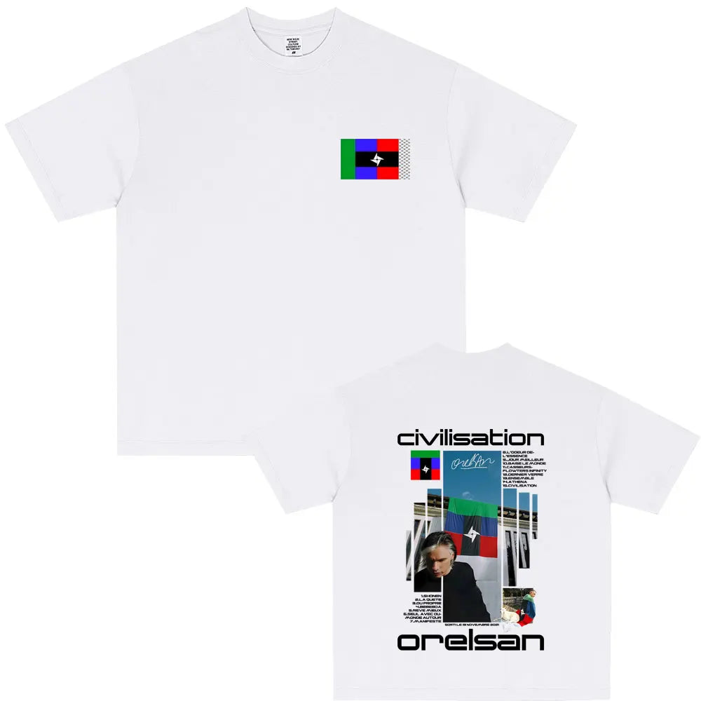 White cotton t-shirt with rapper orelsan civilisation album graphic chest text and colorful back design in hip hop fashion