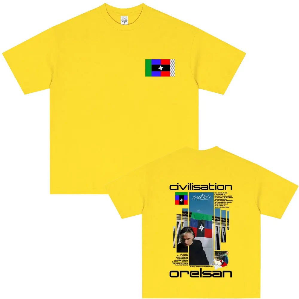 Bright yellow unisex cotton t shirt featuring rapper orelsan civilisation album graphic print for hip hop fashion