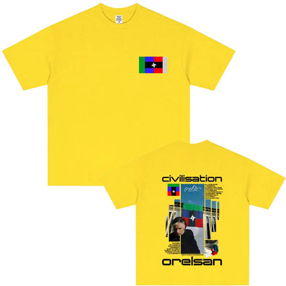 Bright yellow cotton unisex t-shirt with civilisation album graphic and rapper orelsan civilisation text for hip hop fashion