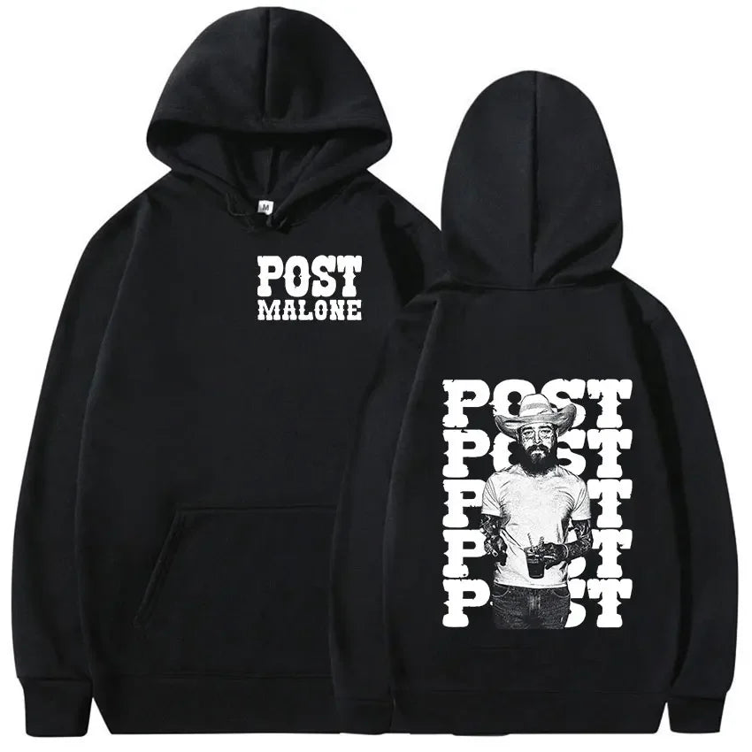 Black graphic hoodie featuring post malone print in bold on front and back casual fashion oversized streetwear hop retro pullover