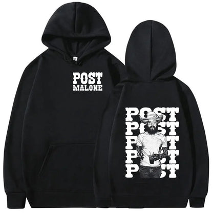 Black graphic hoodie featuring post malone print in bold on front and back casual fashion oversized streetwear hop retro pullover