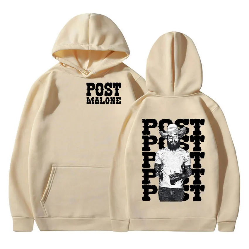 Cream-colored casual fashion oversized graphic hoodie with post malone print on back and text on chest hip retro pullover