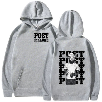 Gray hip hop retro pullover graphic hoodie featuring post malone print for casual fashion oversized streetwear