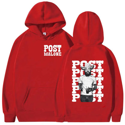 Red hooded graphic hoodie featuring white post malone print on front and back casual fashion oversized pullover