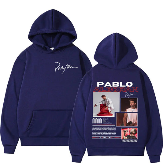 Navy blue tour hoodie men and women gothic vintage featuring white signature front and pablo alborán graphic back print