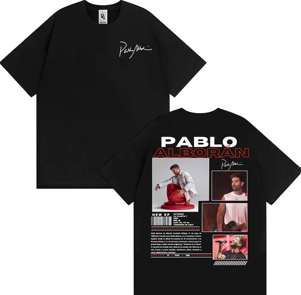 Black pablo alborán cotton t-shirt with graphic print on back featuring rapper pablo signature and hip hop streetwear style