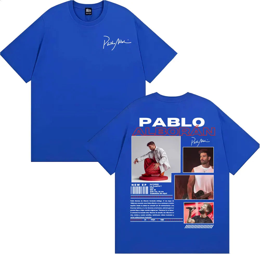 Vibrant royal blue cotton t shirt with rapper pablo alborán signature and ep promotional print on the back for hip hop streetwear