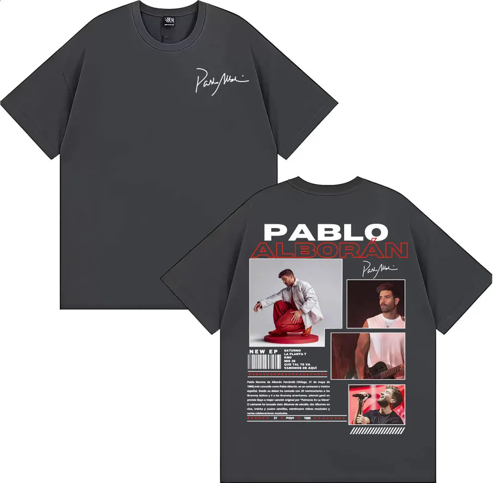 Dark gray pablo alborán oversized cotton t-shirt with front signature and back graphic for harajuku hip hop streetwear