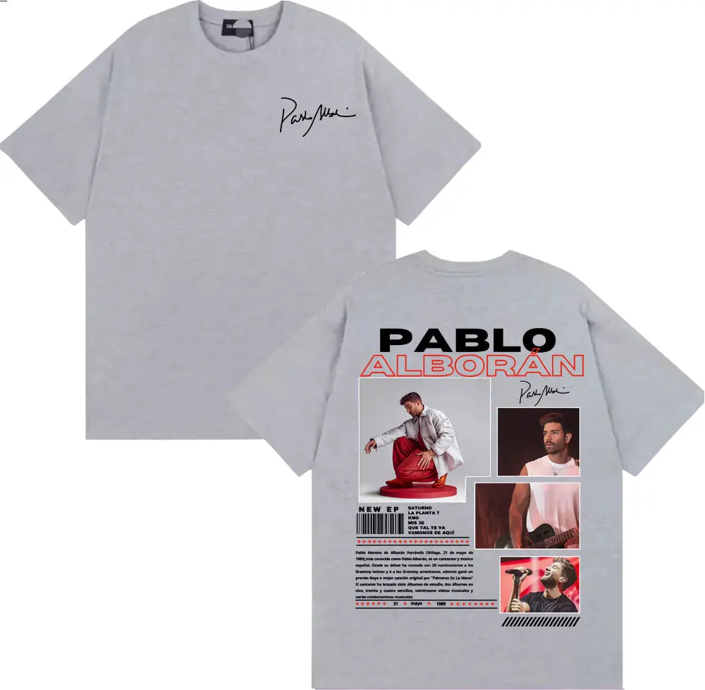 Light gray cotton pablo alborán limited edition t shirt with graphic print and signature on back for hip hop streetwear