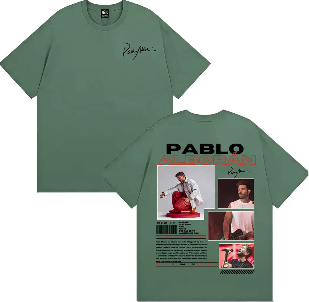 Mint green cotton pablo alborán t-shirt back with graphic print for hip hop streetwear and harajuku hip hop style