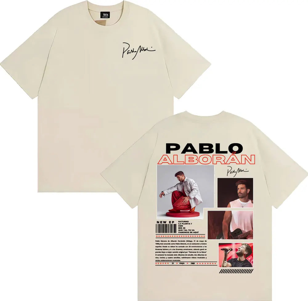Back view of cream-colored cotton rapper Pablo Alborán t shirt with graphic print signed by the artist in hip hop streetwear style