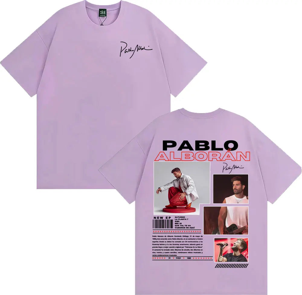 Lavender cotton short sleeve t-shirt featuring rapper pablo alborán album design and signature on the back hip hop streetwear