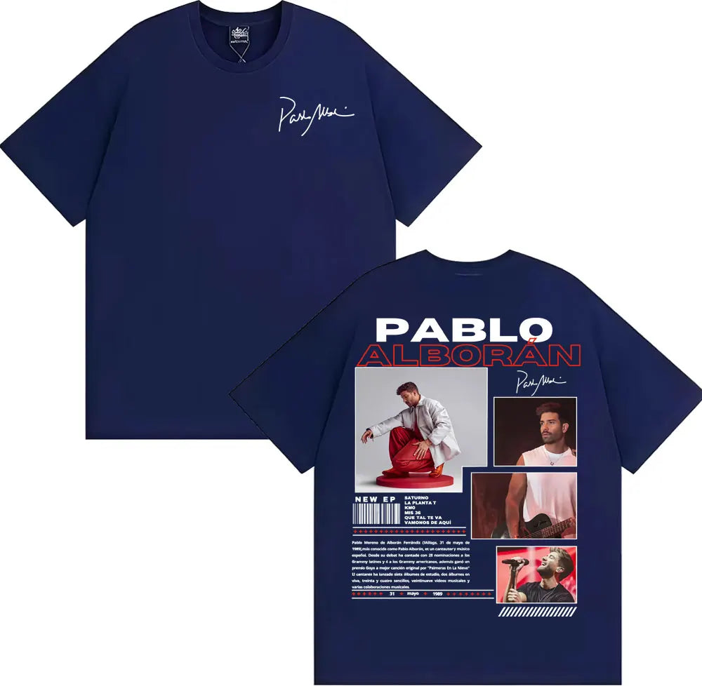 Navy blue cotton rapper Pablo Alborán global 2025 tour tee with graphic back print and white signature front hip hop streetwear