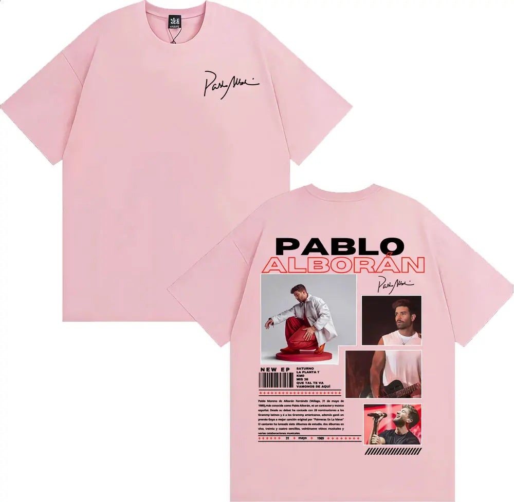 Pink rap singer pablo alboran harajuku hip hop cotton t shirt with front signature and back ep collage design