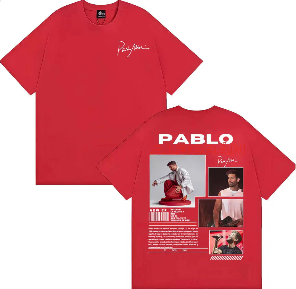Red pablo cotton t-shirt with white signature front and graphic back print for harajuku hip hop streetwear fans