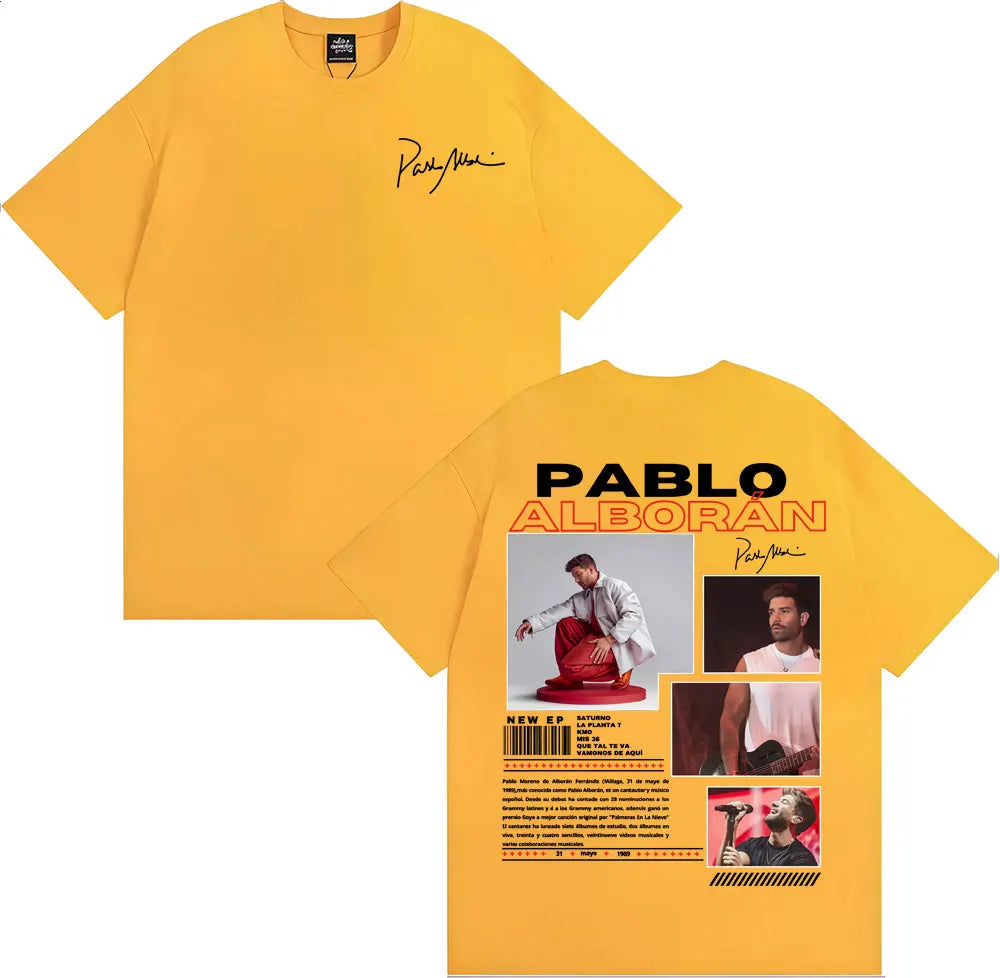 Yellow pablo alborán cotton t-shirt with black signature and graphic print on back for harajuku hip hop streetwear fans