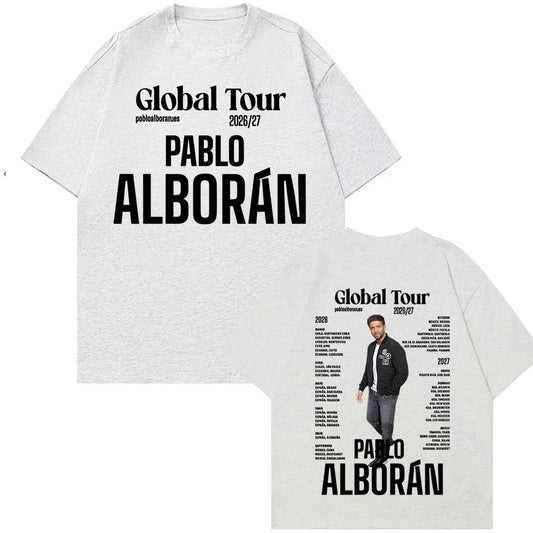 White cotton oversized t-shirt with bold black text and pablo alborán graphic for 2026 27 global tour men women