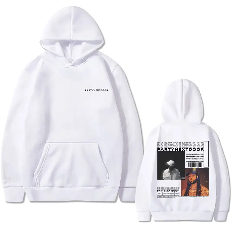 White cotton hoodie featuring a minimalist front logo and detailed back graphic for partynextdoor double sided casual street wear hip hop retro sweatshirt
