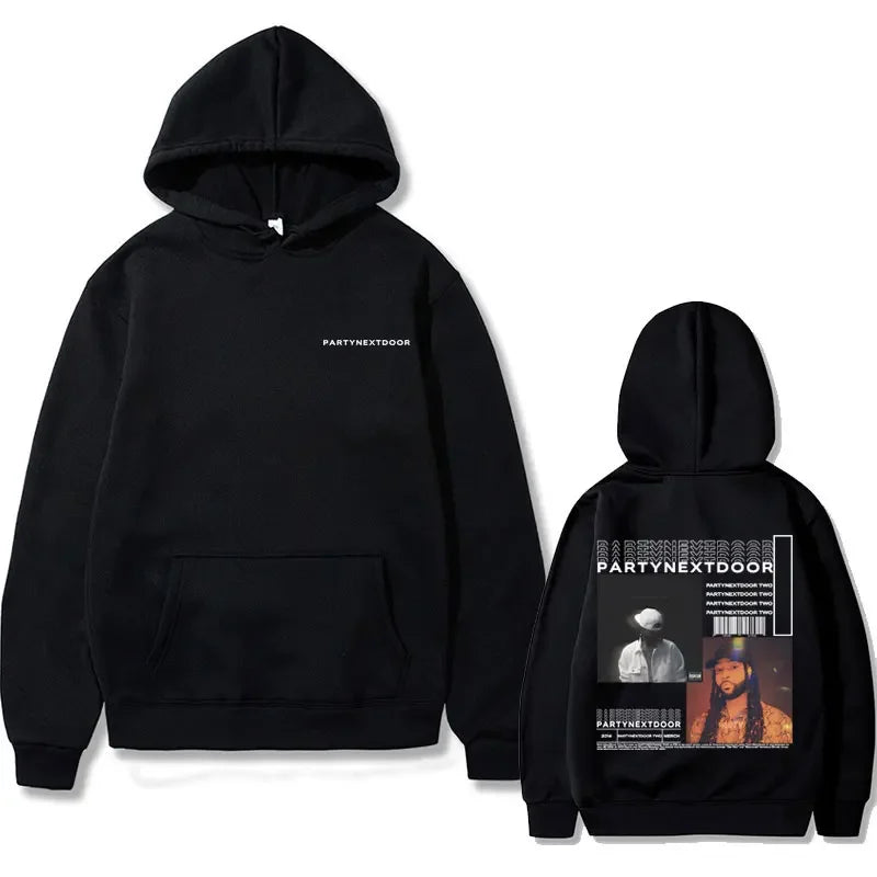 Black hoodie partynextdoor double sided with front logo and back graphic print for casual street wear hip hop retro sweatshirt