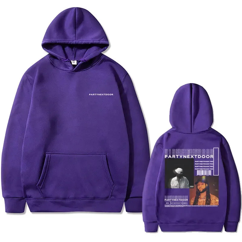 Purple hooded sweatshirt with front pocket and partynextdoor double sided print for casual street wear hip hop retro sweatshirt
