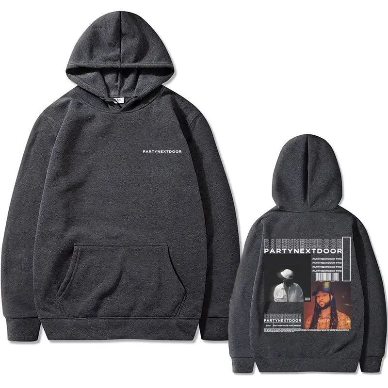 Dark gray heathered partynextdoor double sided hoodie with front pocket and back graphic for casual street wear hip hop retro sweatshirt