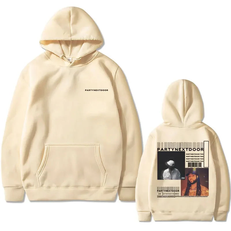 Cream-colored partynextdoor double sided hoodie with front pocket and detailed back graphic for casual street wear hip hop retro sweatshirt
