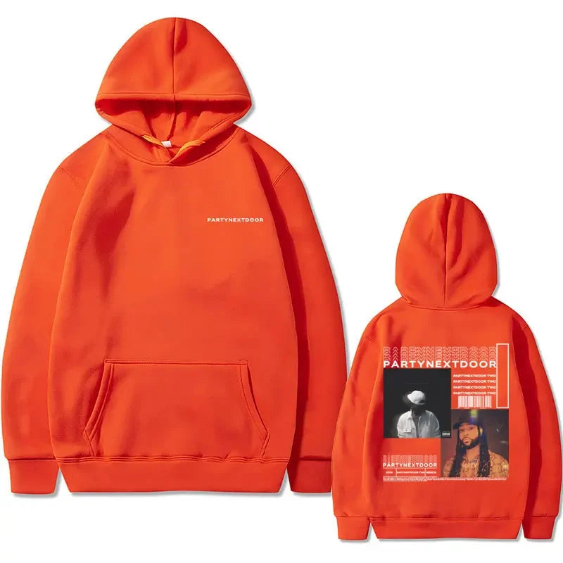 Vibrant orange hooded sweatshirt with front pocket and partynextdoor double sided graphic on back for casual street wear hip hop retro sweatshirt