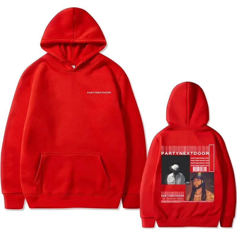 Red hooded sweatshirt with partynextdoor double sided print featuring chest branding and back graphic for casual street wear