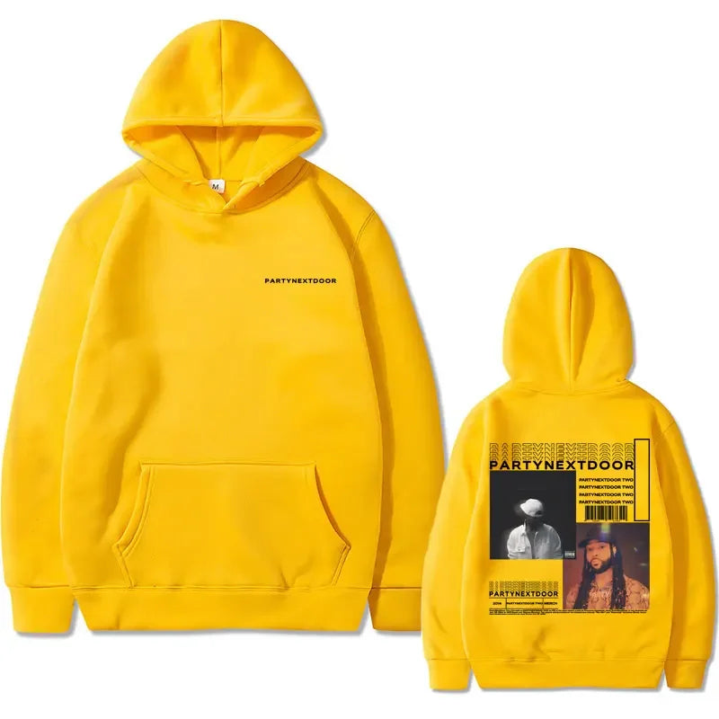 Bright yellow rap Partynextdoor double sided printed hoodie with front logo and back graphic for casual street wear hip hop retro sweatshirt