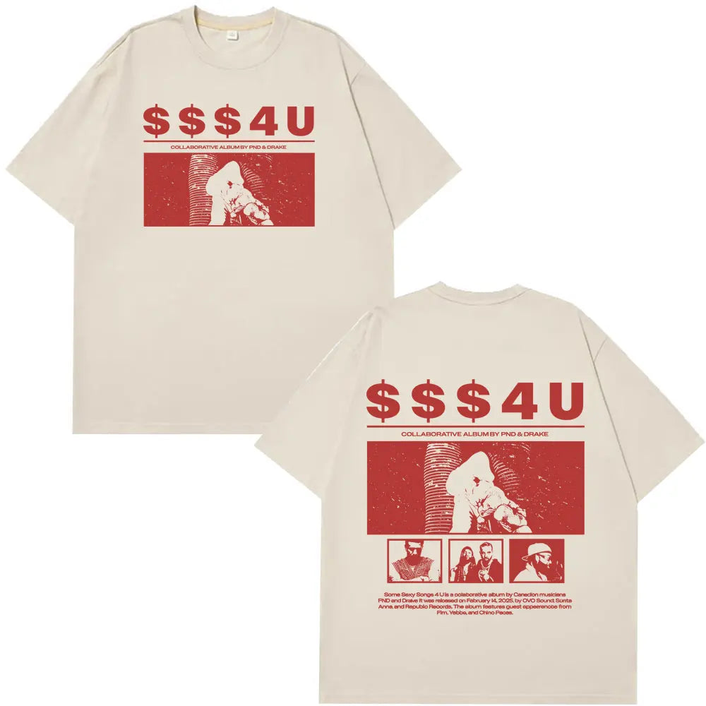 Beige short-sleeved cotton t shirt with red sss4u tees mens graphic from rapper partynextdoor hip hop vintage streetwear