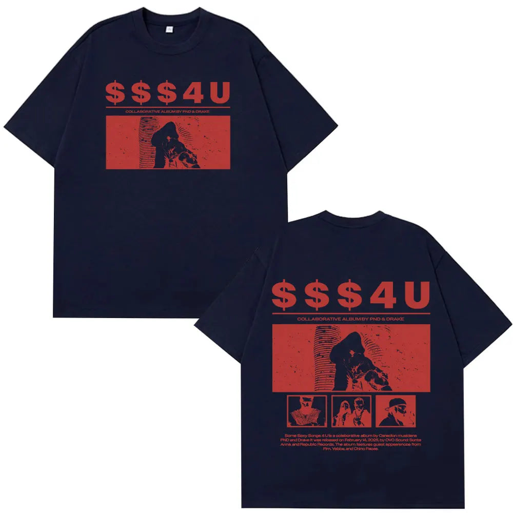 Dark navy blue hip hop vintage short-sleeved cotton t-shirt with bold red sss4u tees mens graphic featuring rapper partynextdoor