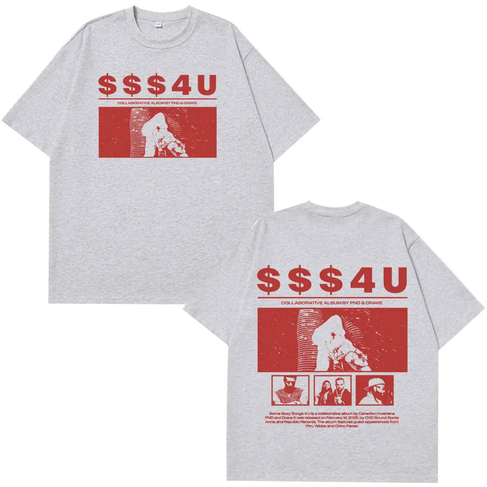 Gray short-sleeved cotton t-shirt with bold red sss4u tees mens hip hop vintage graphic from rapper PARTYNEXTDOOR and Drake