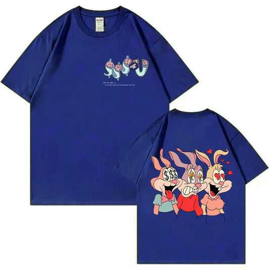 Royal blue cotton t-shirt featuring a cartoon graphic of three rabbits on back and dollar-sign designs on front
