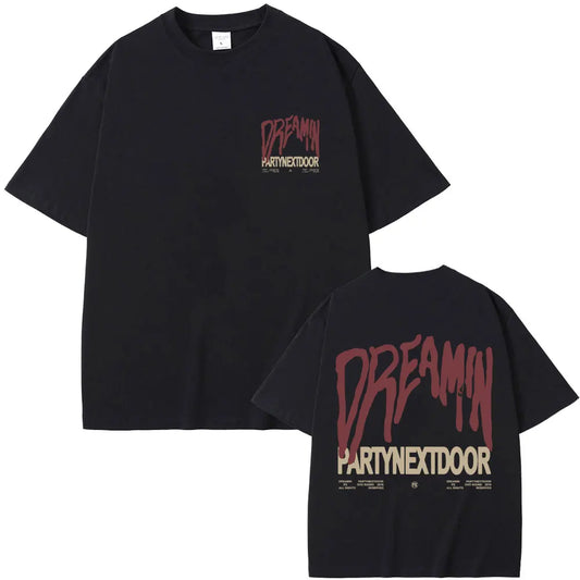 Black oversized t-shirt with bold red and beige dreamin graphic on front and back for women hip hop vintage streetwear