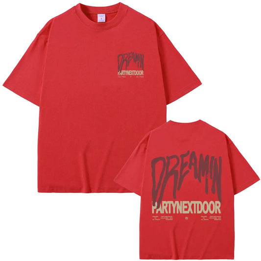 Red short-sleeved rapper partynextdoor dreamin t-shirt with bold print for vintage oversized streetwear and hip hop fashion