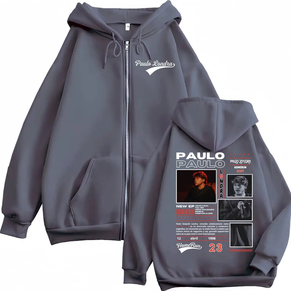 Dark gray zip-up hoodie with graphic print of rapper paulo londra on the back from paulo londra homerun merch hoodie harajuku