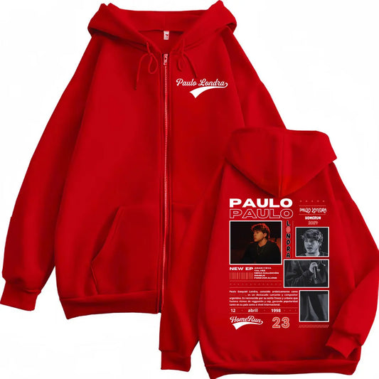 Red zip-up hoodie featuring a graphic print of rapper paulo londra from his homerun album merch hoodie harajuku style
