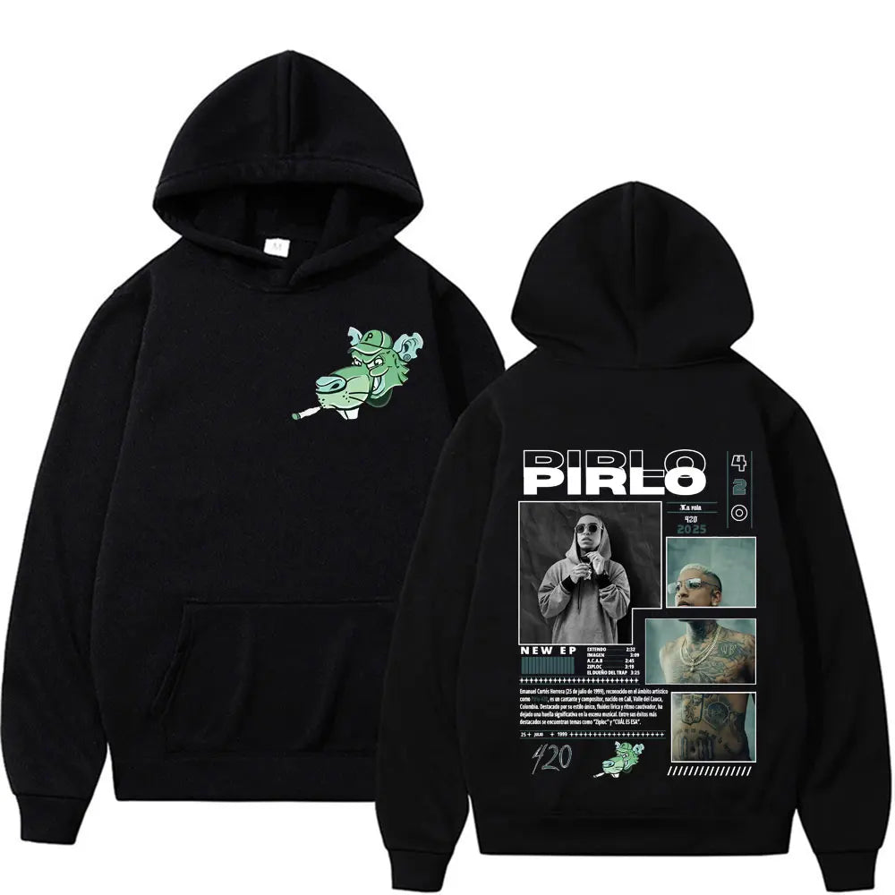 Black hoodie with green cartoon hippo front and detailed rapper pirlo music album graphic print on back for autumn hip hop