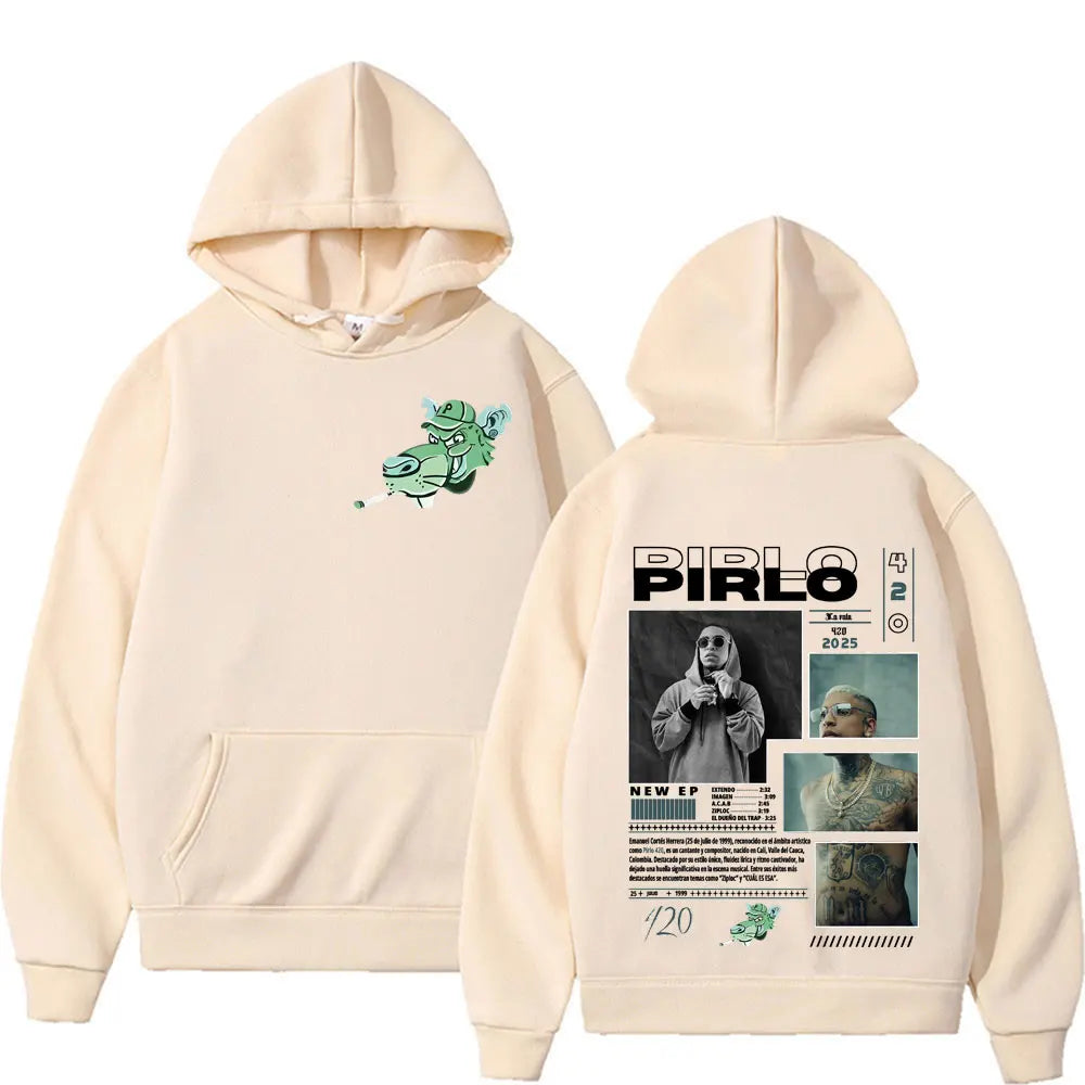 Cream-colored oversized hoodie with rapper pirlo music green cartoon front and detailed autumn hip hop graphic back print