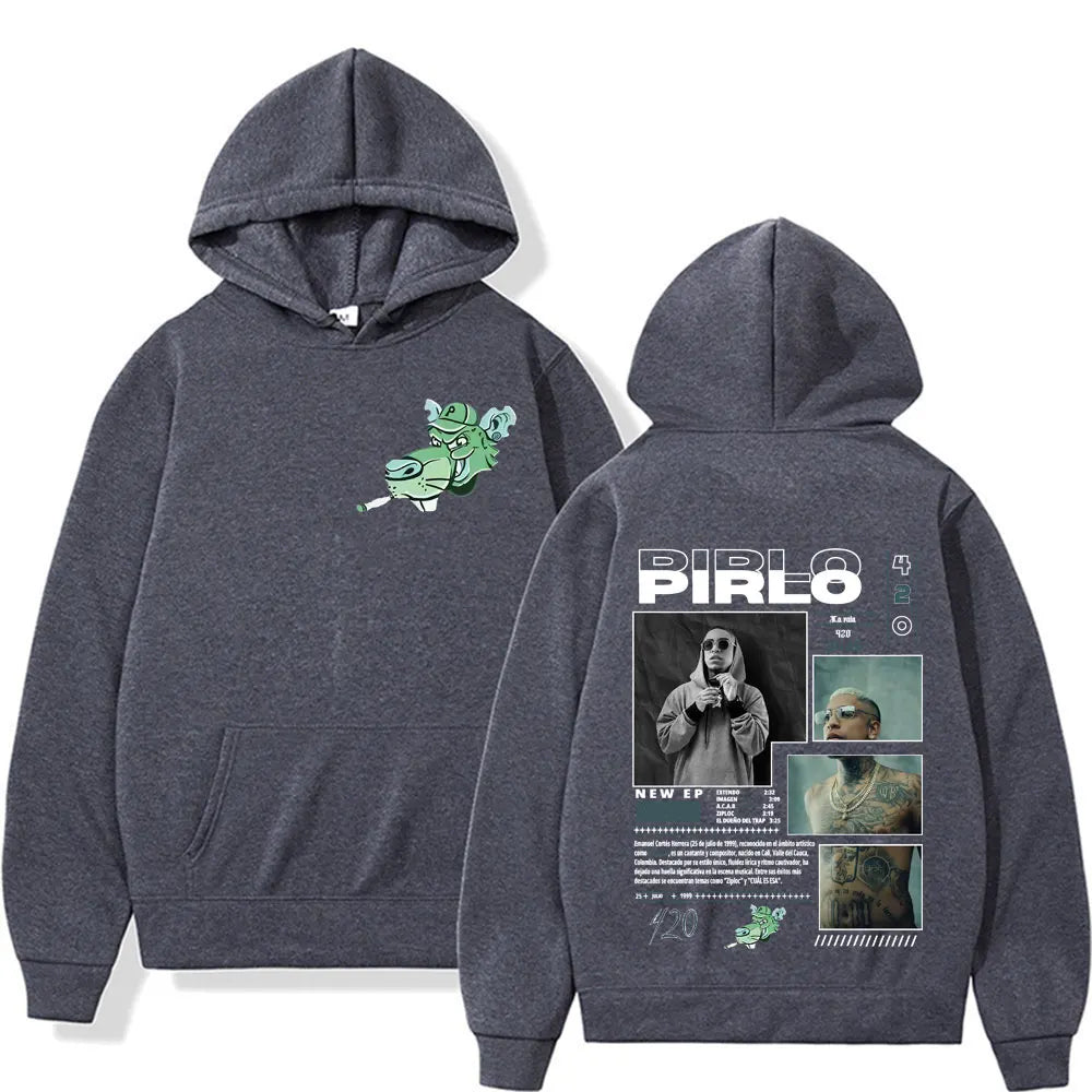 Dark gray oversized hoodie featuring a green hippo front print and detailed rapper pirlo music graphics on back for autumn hip hop