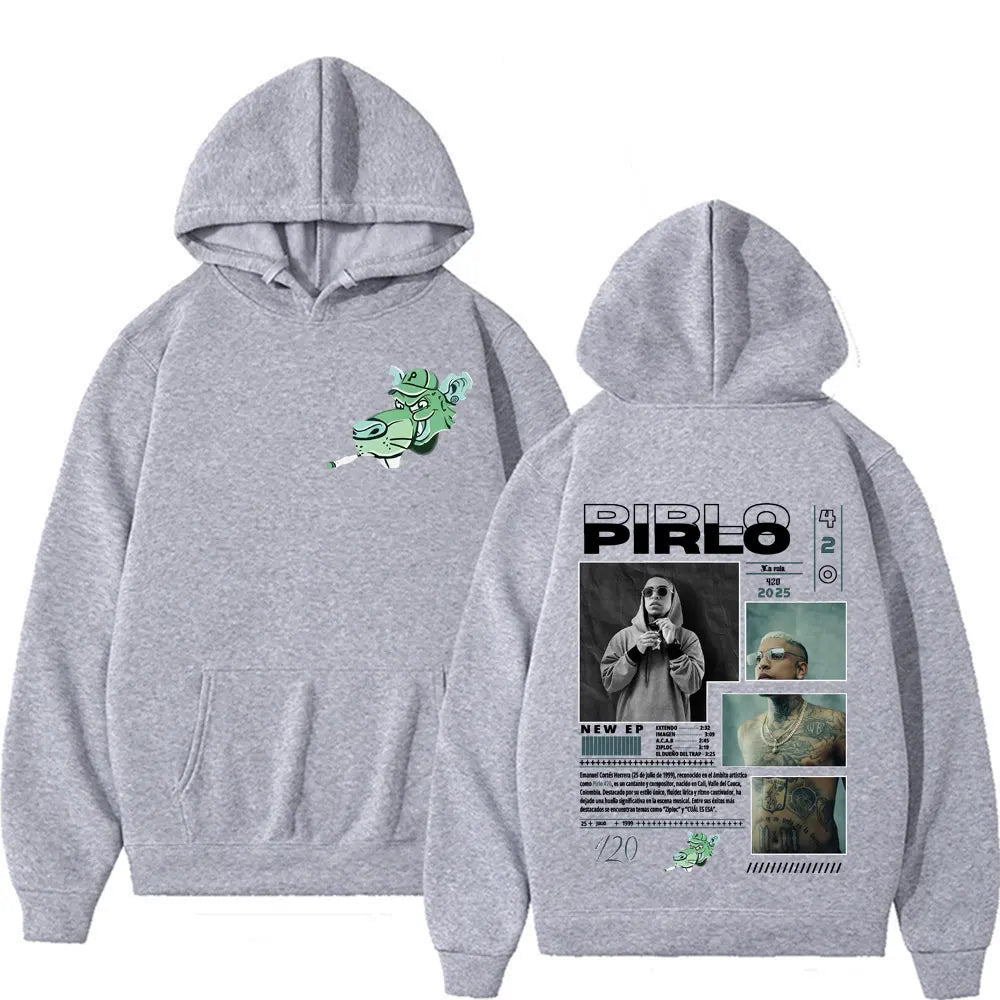 Gray hoodie with green cartoon on front and detailed rapper pirlo music graphic on back for autumn hip hop style