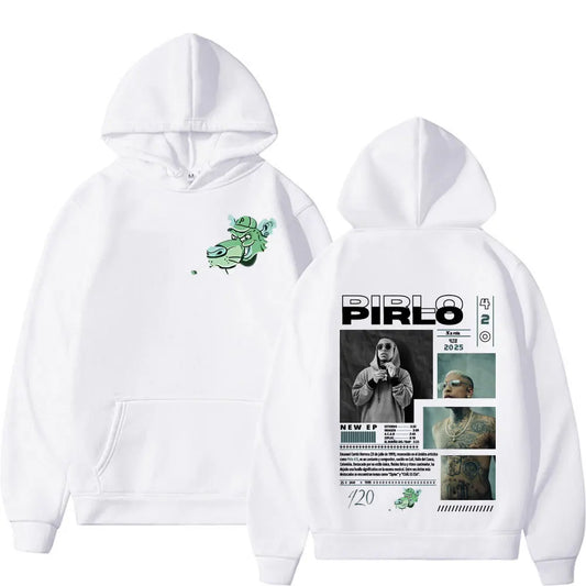 White hoodie with green cartoon front and detailed graphic print on back for rapper pirlo music autumn hip hop style