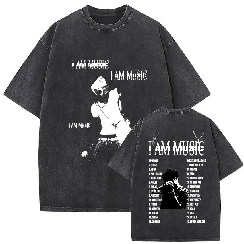 Black oversized t-shirt with faded white i am music graphic featuring musician illustration rapper playboi carti antagonist gothic hip hop